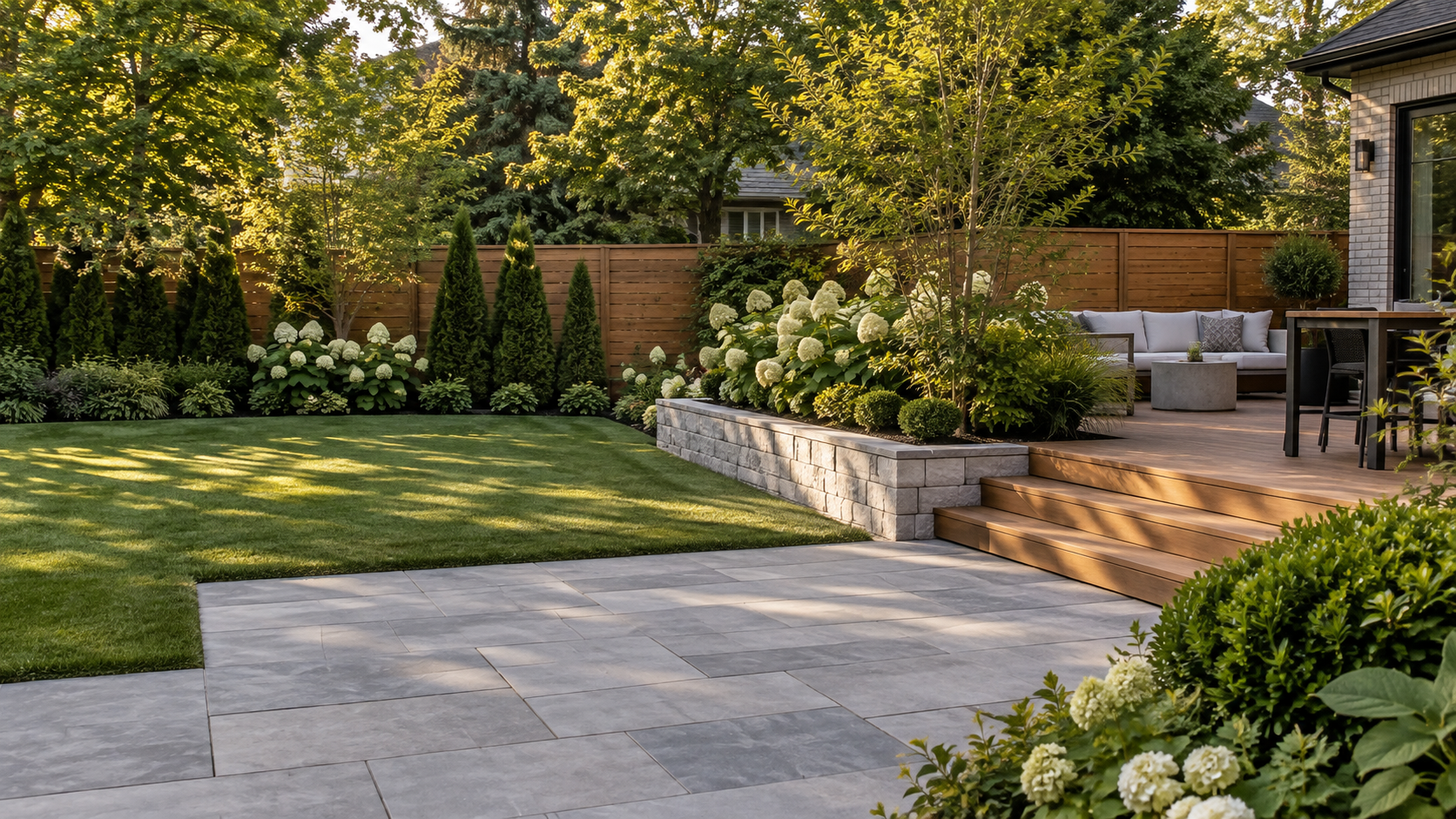 Concept of an inviting backyard with stone patio, lawn and cedar deck